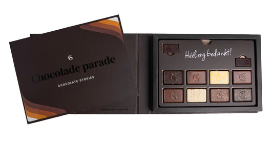 Chocoladeboek chocolade parade met daarin de wens Héél erg bedankt