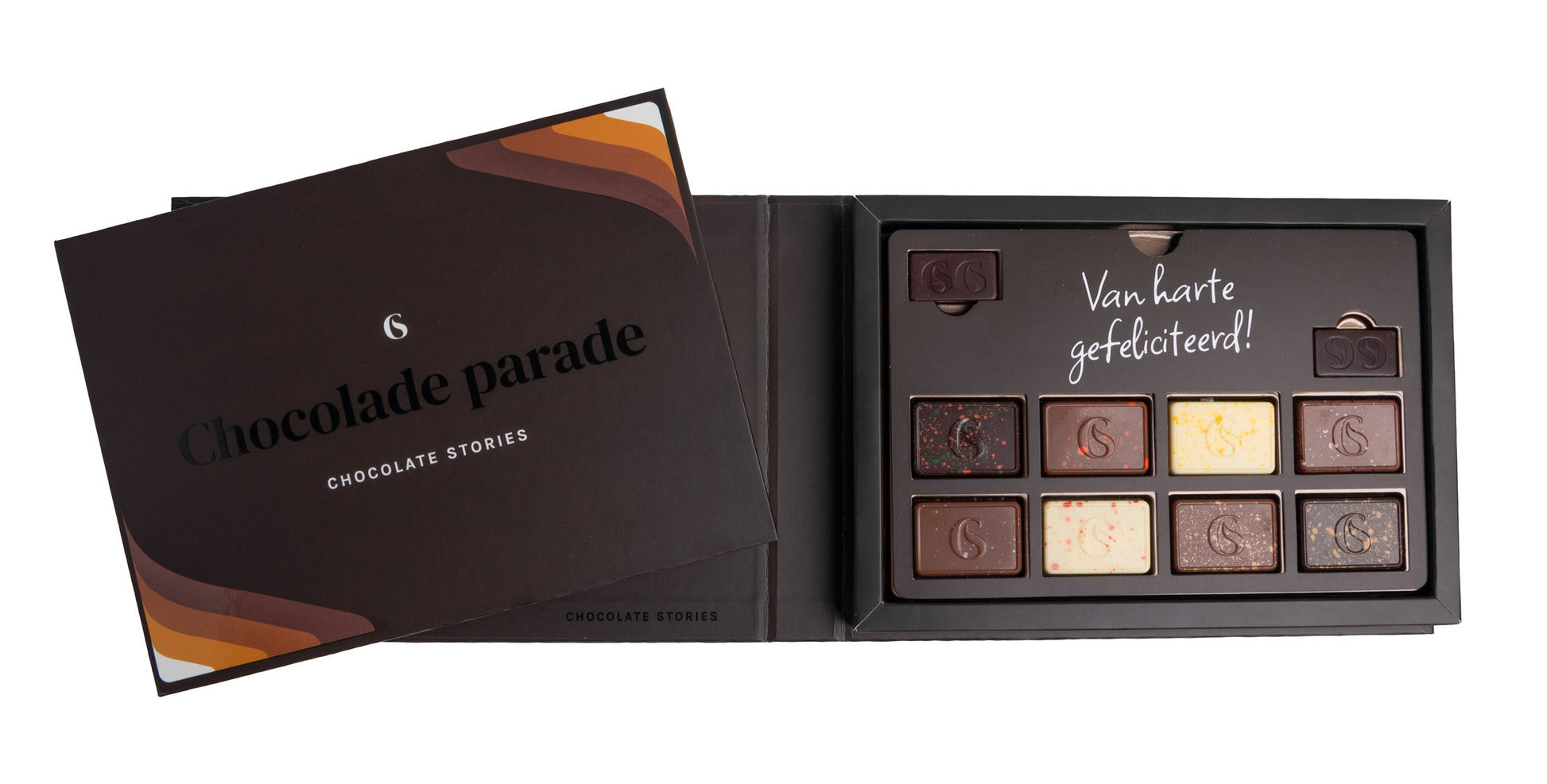 Chocoladecadeau Chocolade parade met de wens Van harte gefeliciteerd!