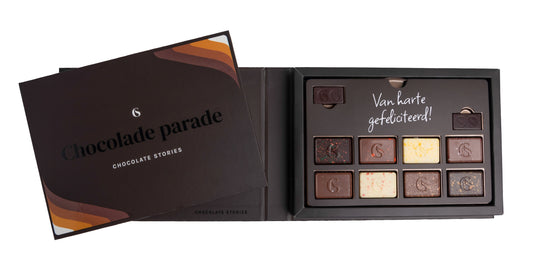 Chocoladecadeau Chocolade parade met de wens Van harte gefeliciteerd!